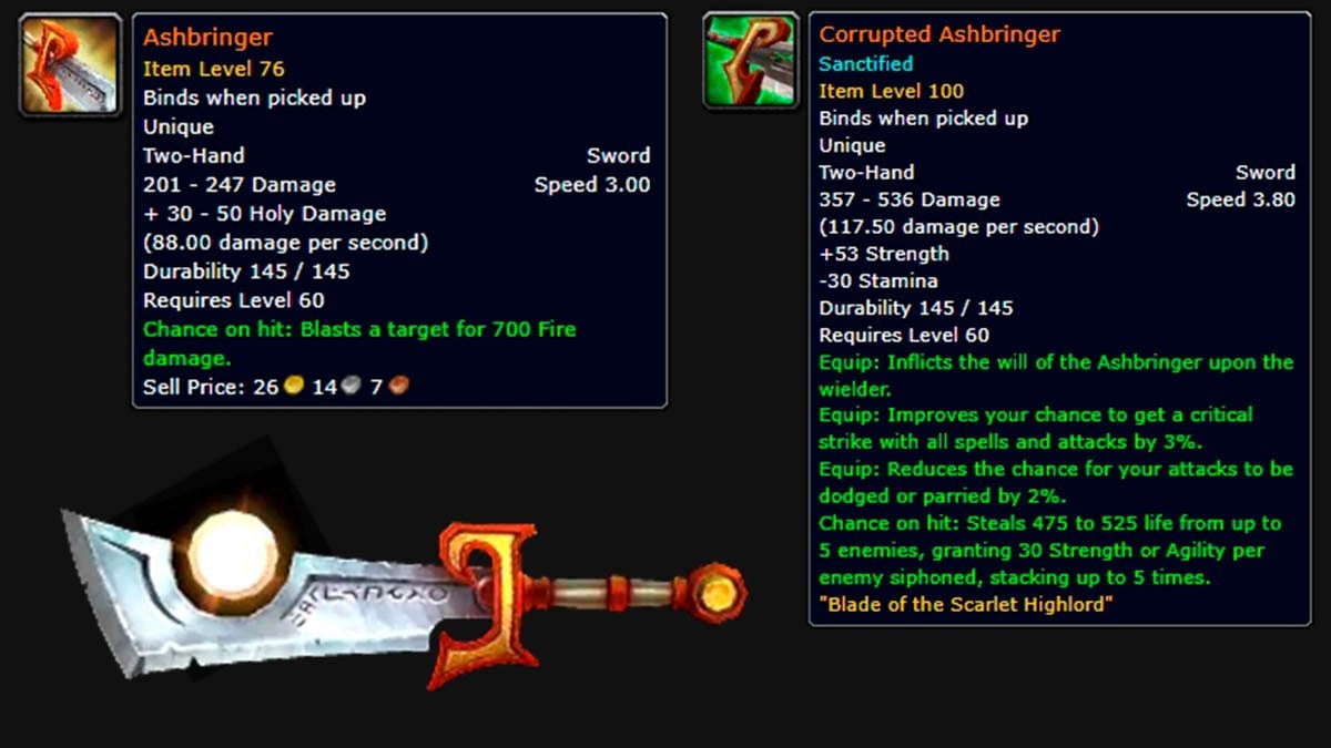 WoW Season of Discovery The Ashbringer and Corrupted Ashbringer stats