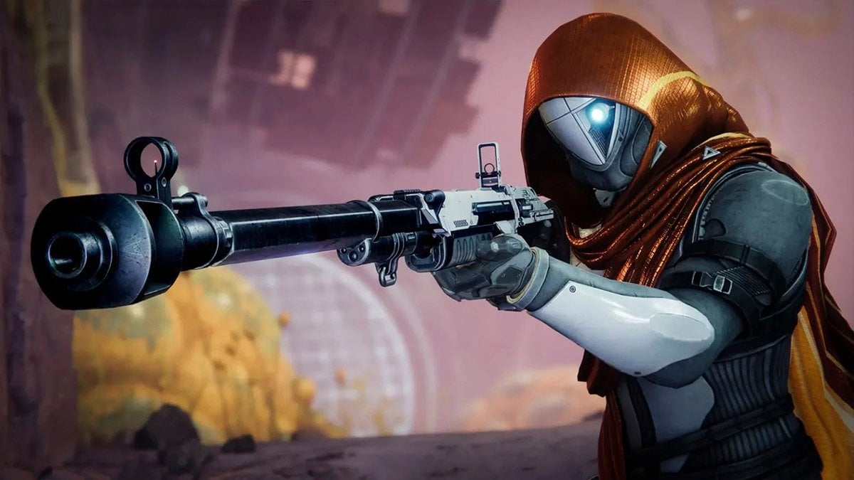Destiny 2 Guardian aiming with the New Land Beyond weapon.
