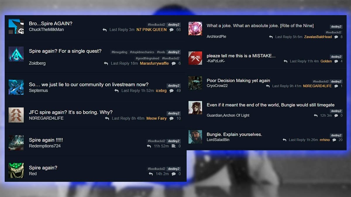 The playerbase is complaining on the Bungie forums about the Rite of the Nine rotation timegate.