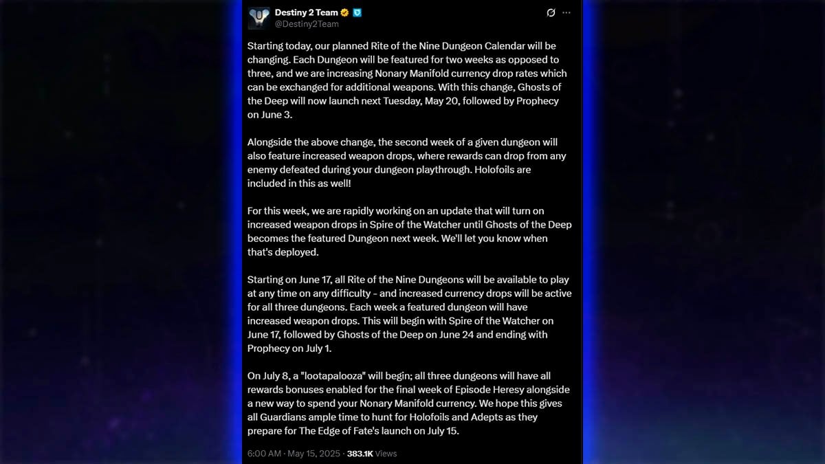 Bungie responds about Rite of the Nine schedule in Twitter.