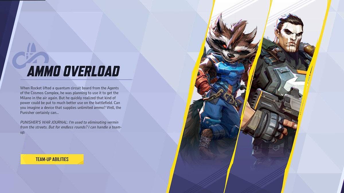 Marvel Rivals Ammo Overload Team-Up Profile featuring Rocket Raccoon and Punisher. Description of the team-up ability and lore background shown on-screen, highlighting the synergy between the two in the game.