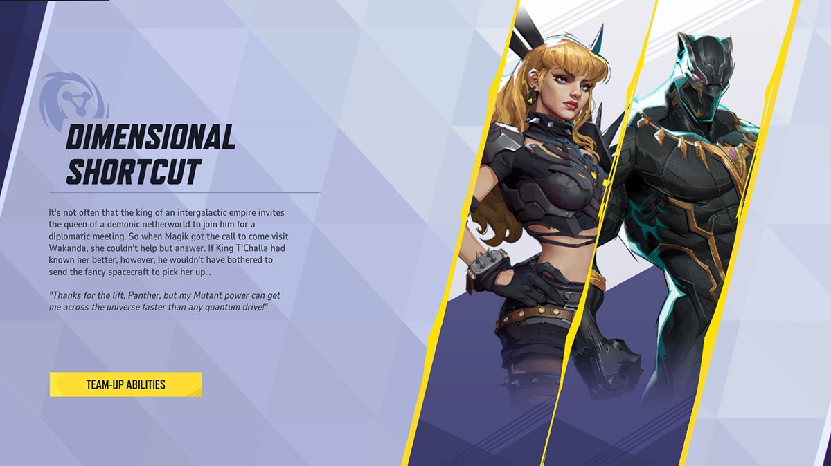 Marvel Rivals Dimensional Shortcut Team-Up Profile featuring Magik and Black Panther. Description of the team-up ability and lore background shown on-screen, highlighting the synergy between the two in the game.