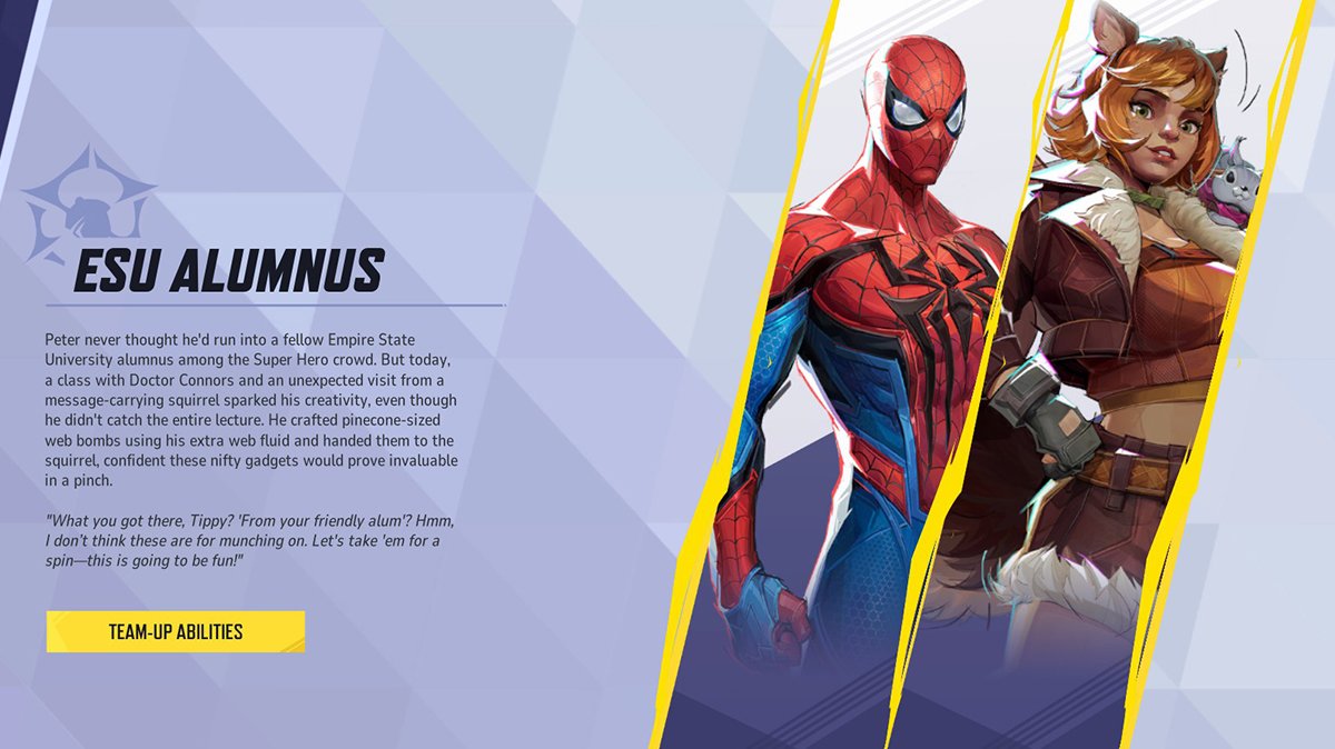 Marvel Rivals ESU Alumnus Team-Up with Spider-Man and Squirrel Girl, showcasing their collaboration through web-enhanced gadgets.
