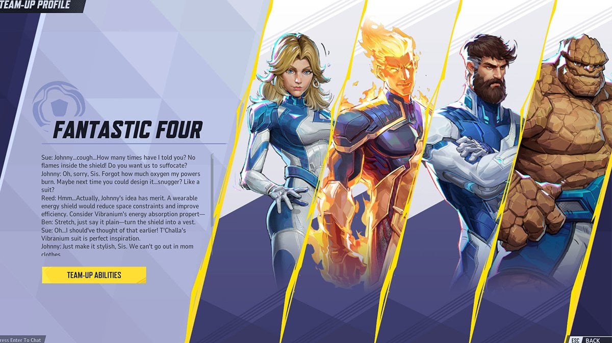 Marvel Rivals Fantastic Four Team-Up showcasing the full team synergy of Invisible Woman, Human Torch, Mister Fantastic, and The Thing.