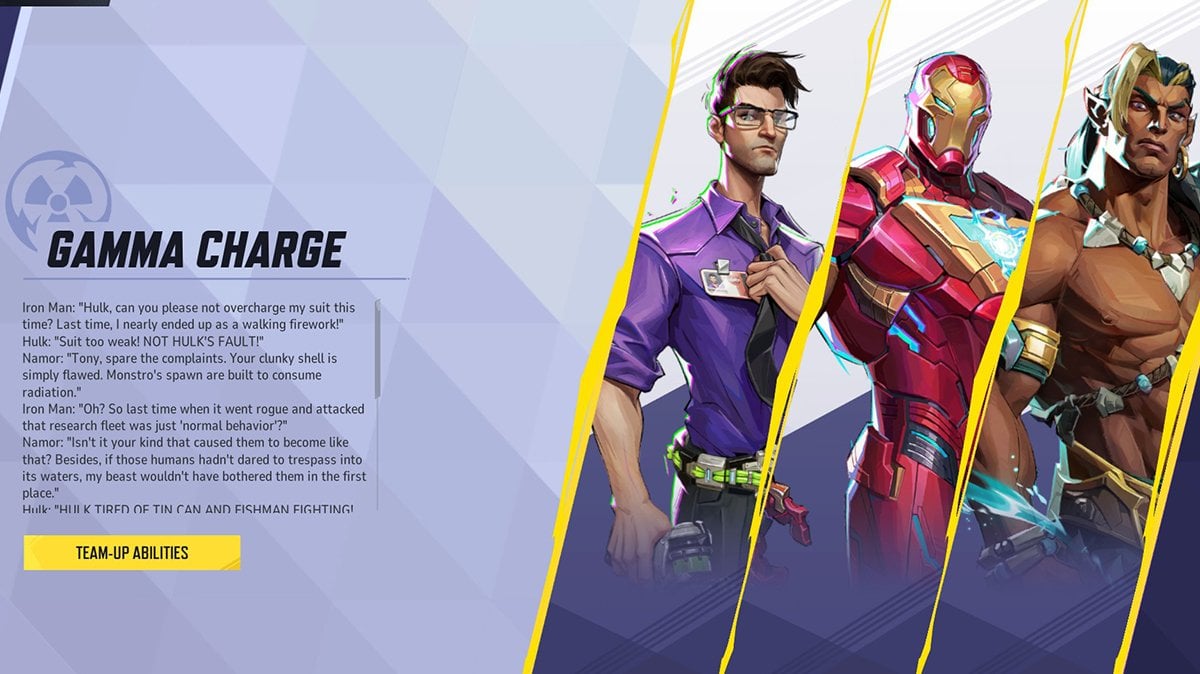 Marvel Rivals Gamma Charge Team-Up Profile featuring Hulk, Iron Man, and Namor. Description of the team-up ability and lore background shown on-screen, highlighting the synergy between the heroes in the game.