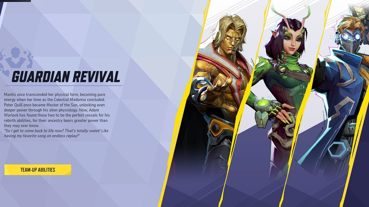 Marvel Rivals Guardian Revival Team-Up with Adam Warlock, Star Lord, and Mantis, highlighting their Guardians of Galaxy synergy.