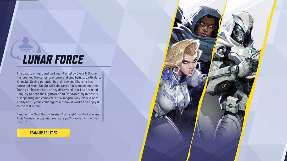 Marvel Rivals Lunar Force Team-Up with Cloak & Dagger and Moon Knight, highlighting their Lightforce and Darkforce synergy.