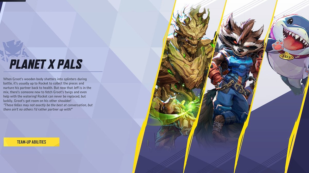 Marvel Rivals Planet X Pals Team-Up Profile featuring Groot, Jeff, and Rocket Raccoon. Description of the team-up ability and lore background shown on-screen, highlighting the synergy between the trio in the game.