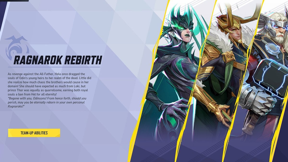 Marvel Rivals Ragnarok Rebirth Team-Up Profile featuring Hela, Loki, and Thor. Description of the team-up ability and lore background shown on-screen, highlighting the synergy between the Asgardian trio in the game.