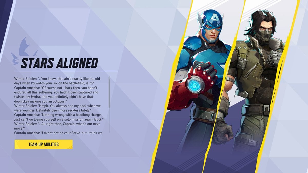 Marvel Rivals Stars Aligned Team-Up featuring Captain America and Winter Soldier, emphasizing their battlefield bond and synchronized combo attack.