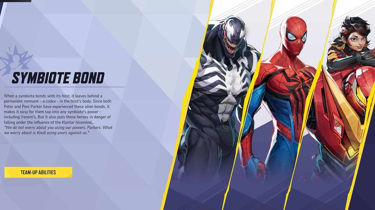 Marvel Rivals Symbiote Bond Team-Up Profile featuring Spider-Man, Venom, and Peni Parker. Description of the team-up ability and lore background shown on-screen, highlighting the synergy between the heroes in the game.