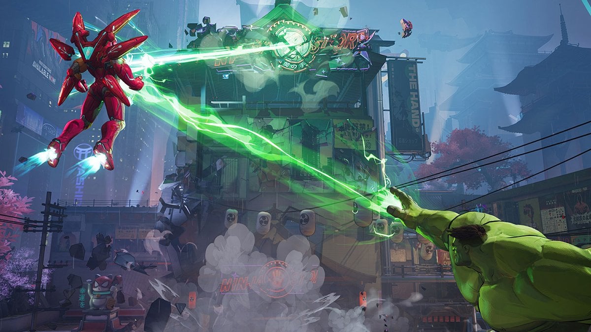 Marvel Rivals gameplay scene featuring Hulk and Iron Man executing a powerful green energy team-up attack in a vibrant city map with ninja-themed visuals.