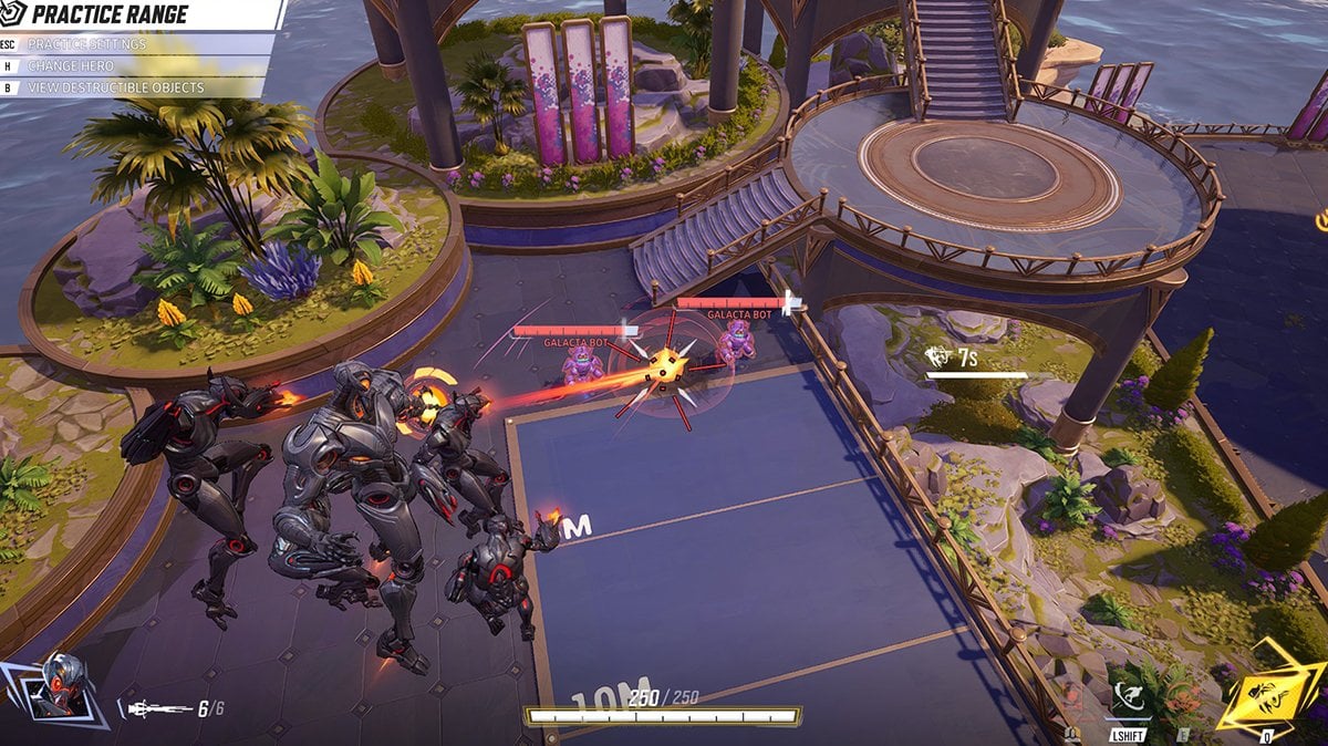 Ultron using his crosshair in the practice range of Marvel Rivals, targeting Galacta Bots with visible beam trajectory and radius indicators during combat.