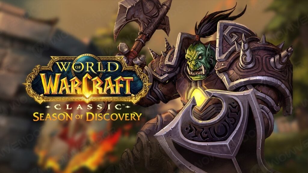 An Orc before the Scarlet Enclave with Season of Discovery logo in WoW.