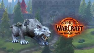 A Moonlit Nightsaber looks at The War Within logo in WoW.