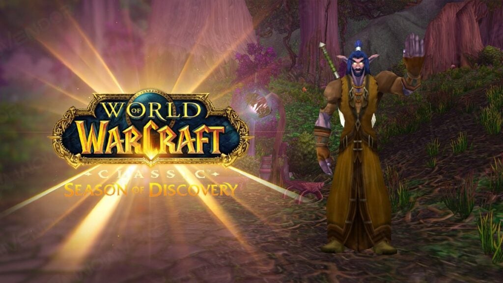A WoW character standing near a glowing Season of Discovery logo.