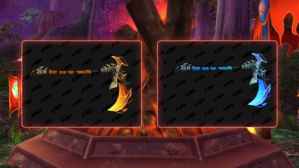 Rethfuras, Scorched Scythe of Cinders and Glazfuris, Scythe of the Deep Chill in WoW.