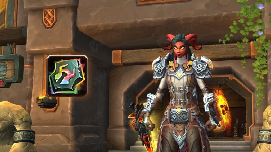 A red Draenei stands near a Valorstone icon in WoW.