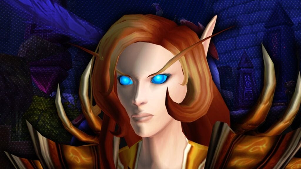 Close-up of a female high elf Soridormi character with glowing blue eyes and golden armor in World of Warcraft: The War Within.