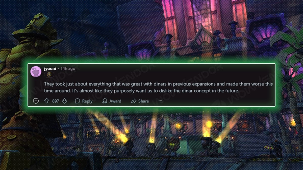 Screenshot of a Reddit comment criticizing WoW's Dinar system in The War Within, stating Blizzard made it worse than in past expansions and seems to want players to dislike it.