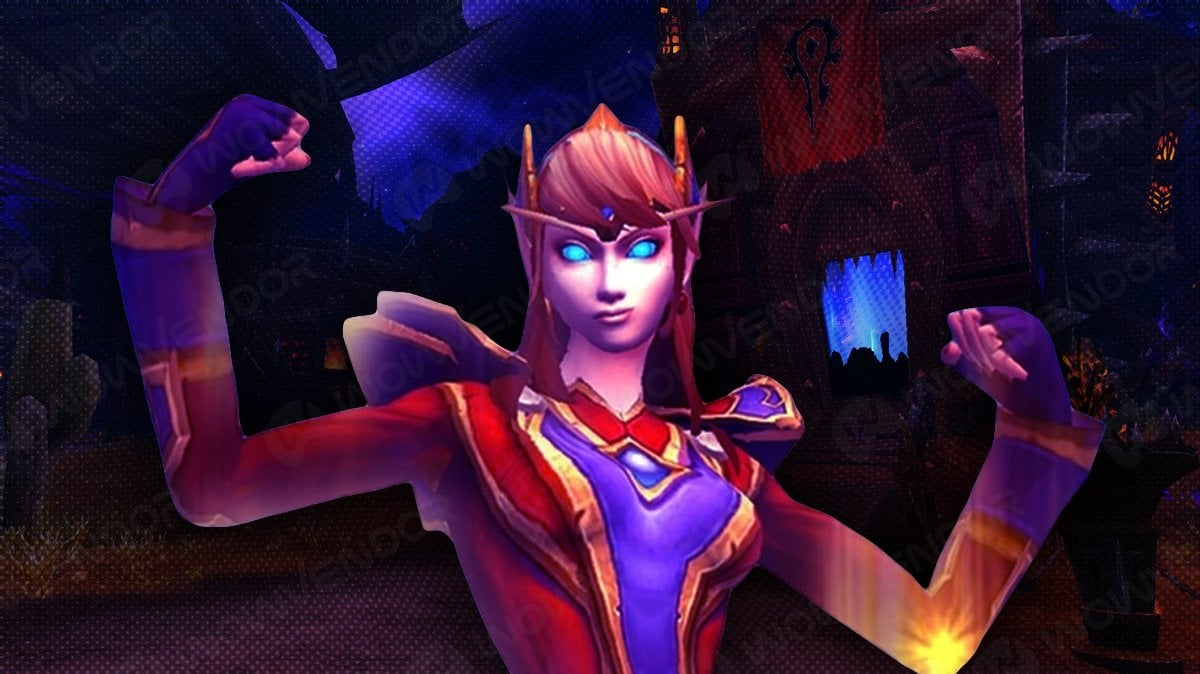 Empowered by hidden buffs blood elf character flexing in front of Orgrimmar gate during a Horrific Vision scenario in WoW: The War Within.