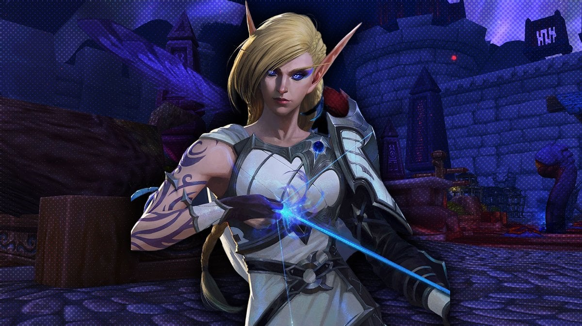 Alleria Windrunner character art in the Horrific Vision of Stormwind from WoW The War Within, featuring purple void-themed background.