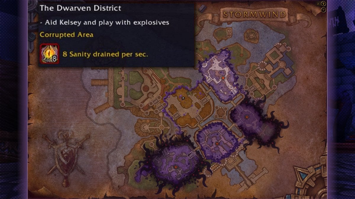 Dwarven District objectives in the Horrific Vision of Stormwind in WoW The War Within, showing corrupted area with 8 sanity drain per second.