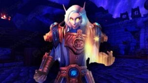 Empowered by hidden buffs paladin elf character in front of Stormwind gate during a Horrific Vision scenario in WoW: The War Within.
