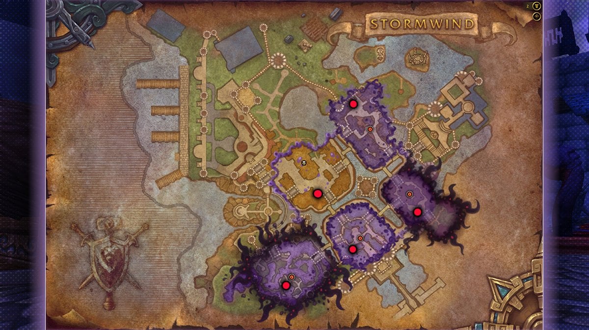 Map of mailbox locations across the Horrific Vision of Stormwind in WoW The War Within, useful for objective tracking.