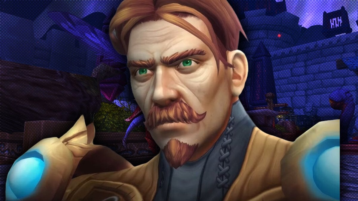 Mathias Shaw character render in the Horrific Vision of Stormwind from WoW The War Within, featuring purple void-themed background.