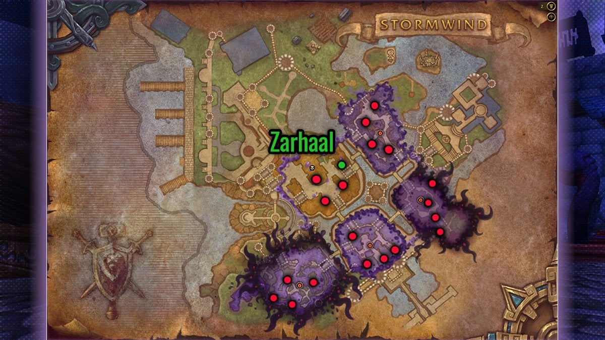 Odd Crystals spawn points shown on the map in the Horrific Vision of Stormwind during WoW The War Within.