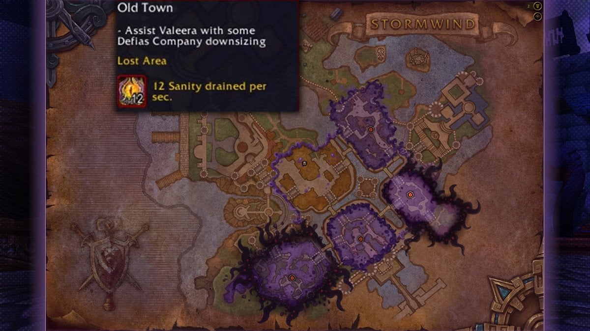 Old Town section of the Horrific Vision of Stormwind in WoW The War Within, marked as a high sanity drain Lost Area.