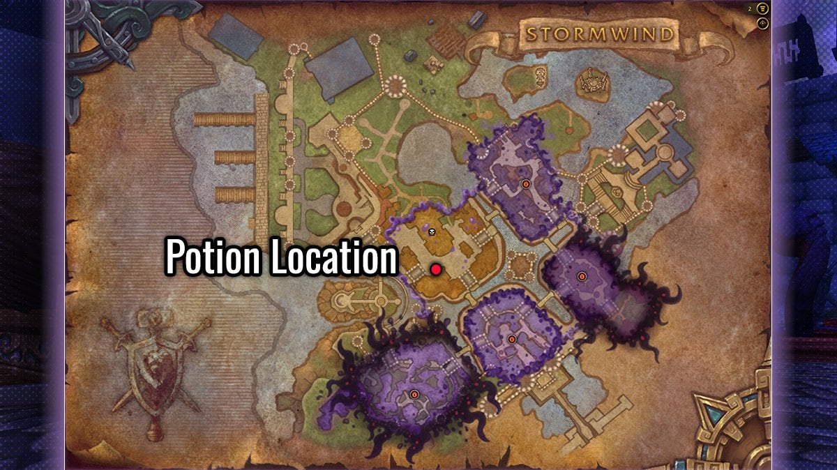 Map of potion location across the Horrific Vision of Stormwind in WoW The War Within, useful for objective tracking.