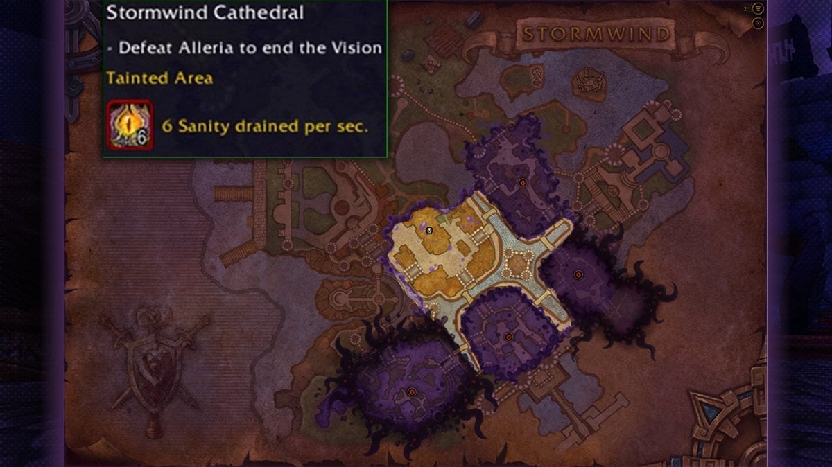 Stormwind Cathedral area highlighted in the Horrific Vision of Stormwind from WoW The War Within, showing Alleria encounter and sanity drain.
