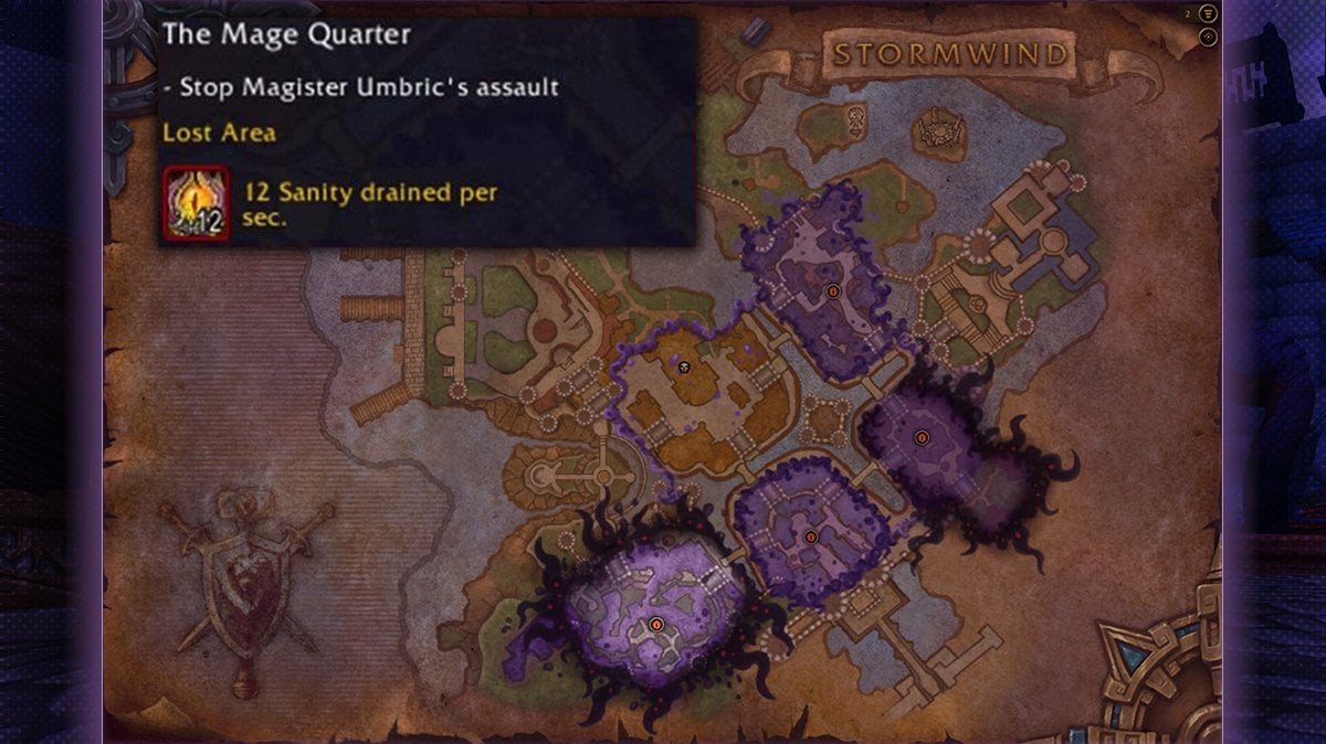 The Mage Quarter in the Horrific Vision of Stormwind from WoW The War Within, labeled as a Lost Area with maximum sanity drain.