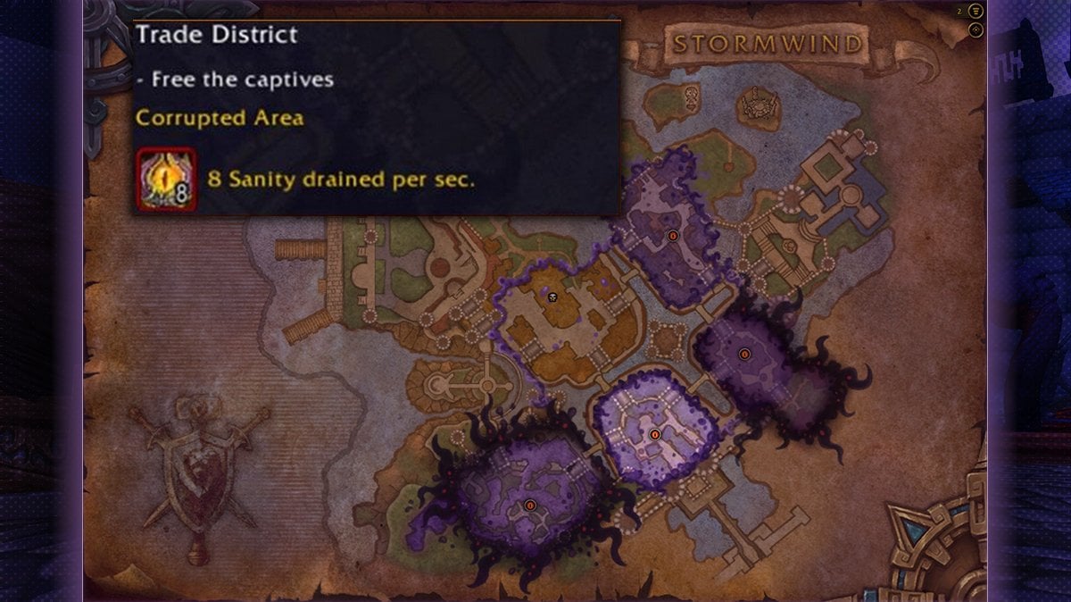 Trade District overview in WoW The War Within's Horrific Vision of Stormwind, including objective and corrupted zone details.