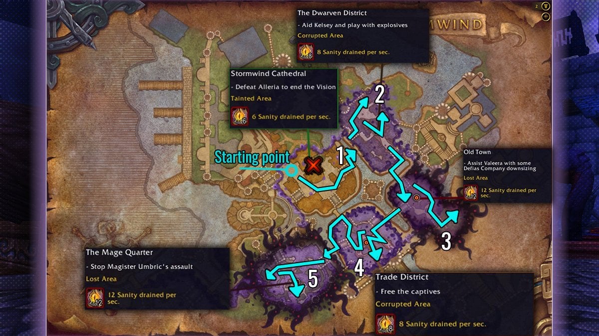 Pathing guide through the Horrific Vision of Stormwind in WoW The War Within, showing optimal route and sanity zones.