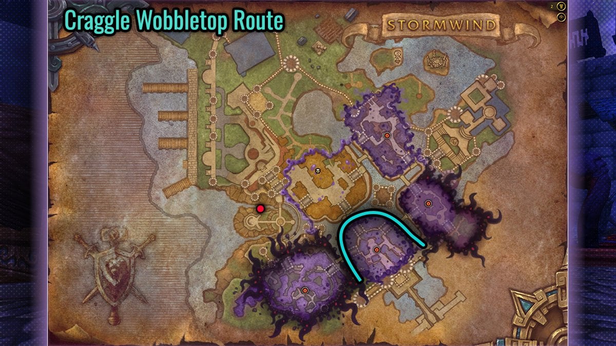 Map showing Craggle Wobbletop's patrol route in Stormwind Horrific Vision for World of Warcraft: The War Within Patch 11.1.5.