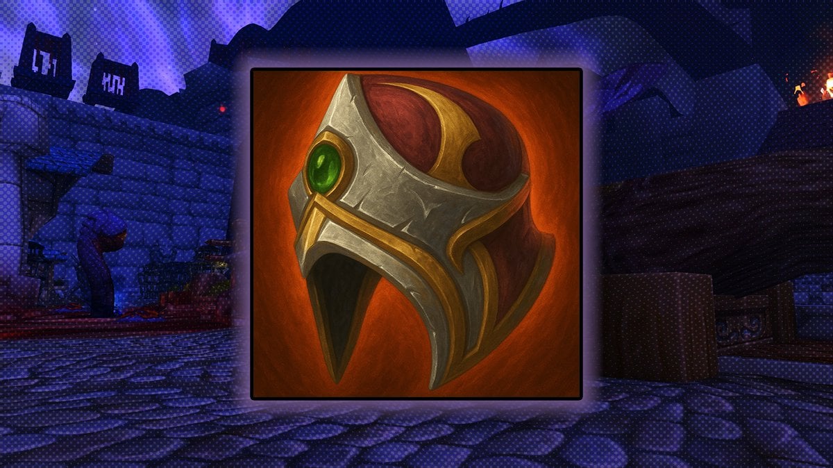 Horrific Visions mask icon from World of Warcraft, featuring the Mask of the Daredevil with red, and green gem details, on an orange background.