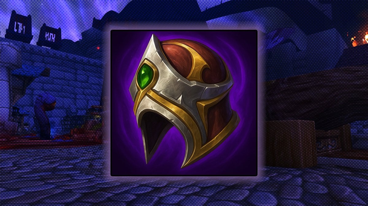 Horrific Visions mask icon from World of Warcraft, featuring the Mask of the Daredevil with red, and green gem details, on a purple background.