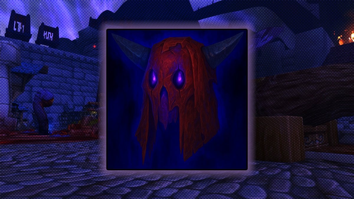 Horrific Visions mask icon from World of Warcraft, featuring the Mask of Vengeance with red cloak, and glowind purple eyes.