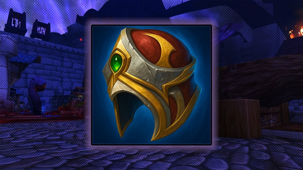 Horrific Visions mask icon from World of Warcraft, featuring the Mask of the Nemesis with red, gold, and green gem details.