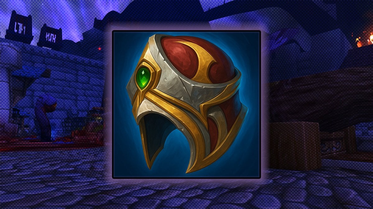 Horrific Visions mask icon from World of Warcraft, featuring the Mask of the Pained with scarlet, silver, and green gem details.