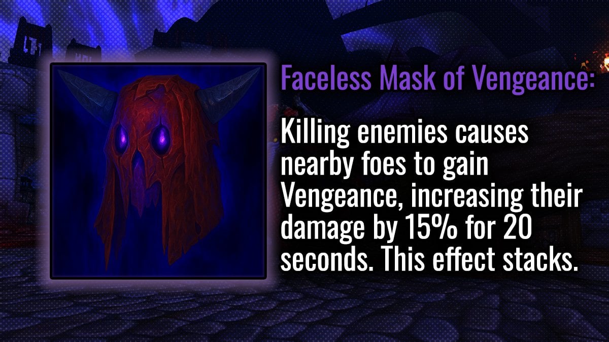 World of Warcraft tooltip for the Faceless Mask of Vengeance, a Horrific Visions mask that increases enemy damage when foes are killed, effect stacks over 20 seconds.