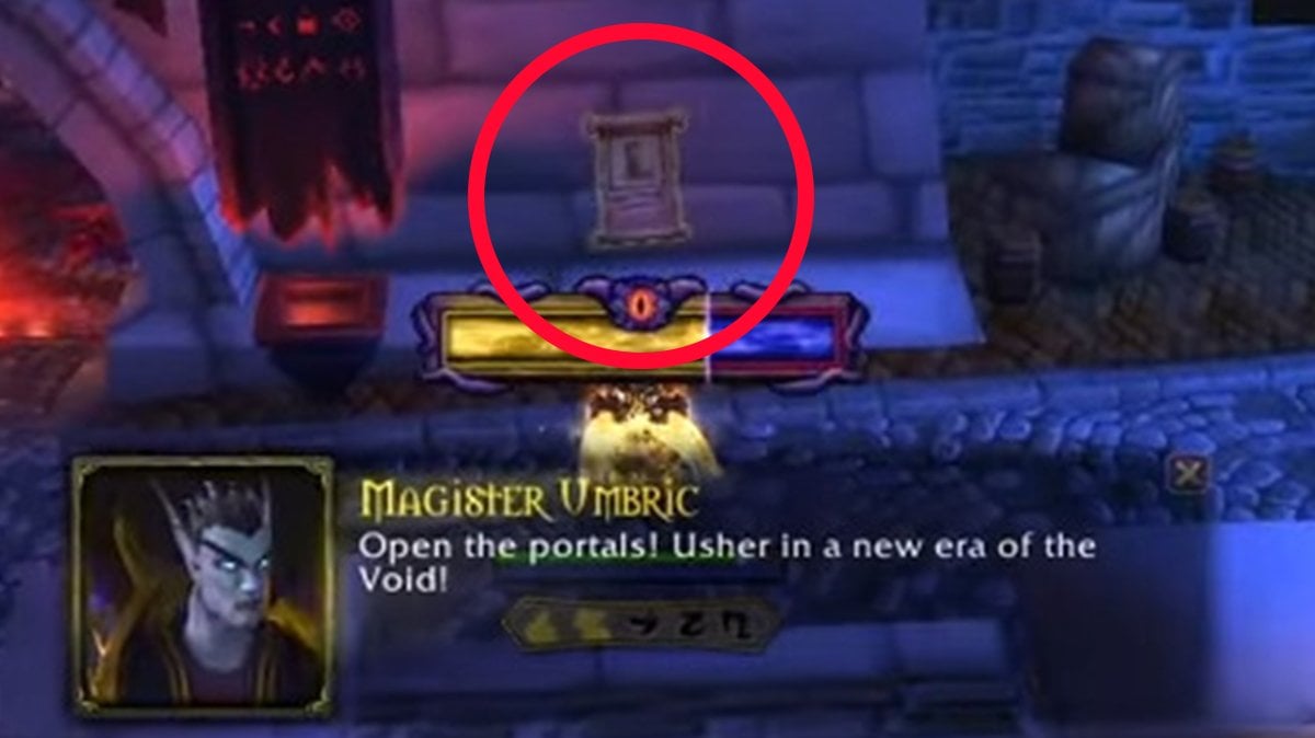 World of Warcraft Horrific Visions mask mission scene featuring a highlighted wanted poster, part of in-game quest objectives with Magister Umbric dialogue.