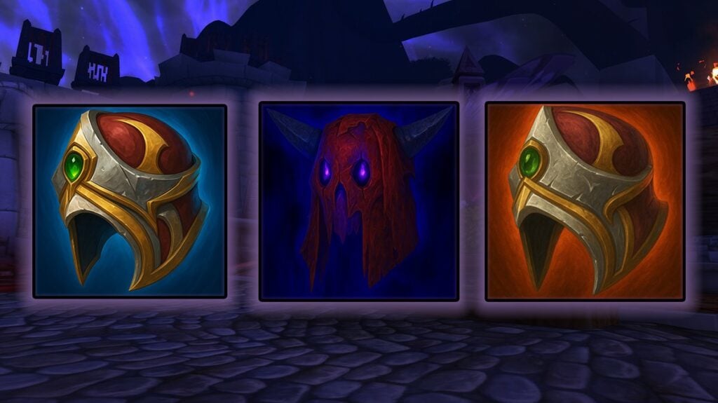 Comparison of three Horrific Visions masks in World of Warcraft, including the Mask of the Nemesis and Faceless Mask of Vengeance, displayed with different background colors.