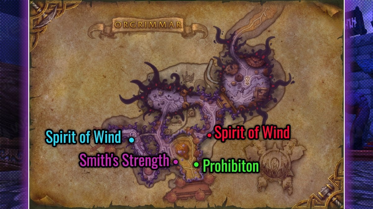 Hidden buffs location on a Horrific Vision of Orgrimmar detailed map.