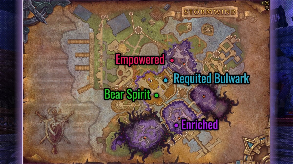 Hidden buffs location on a Horrific Vision of Stormwind detailed map.