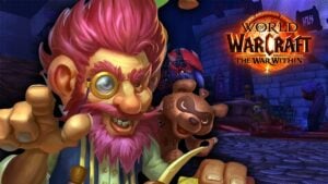 Gnome character with toy bear in World of Warcraft: The War Within, promoting Horrific Visions toys collectible content in Patch 11.1.5.