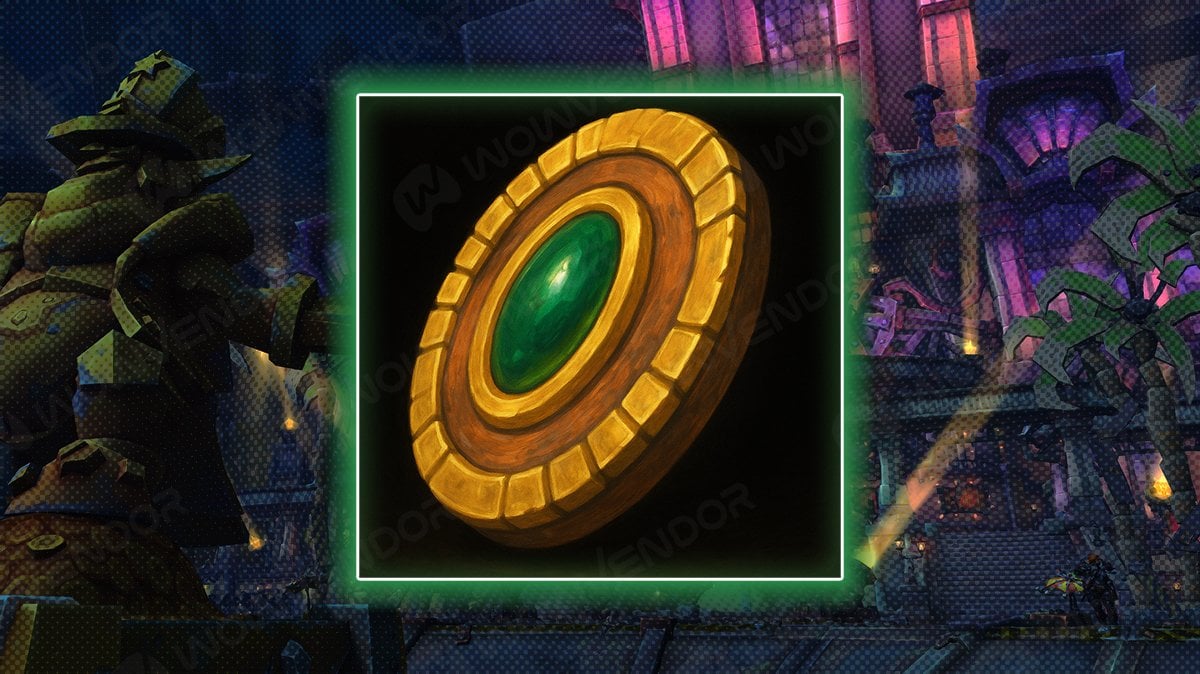 Icon of a Puzzling Cartel Chip (Dinar) from WoW: The War Within – a golden coin with a green gem, used as currency in Season 2 progression.